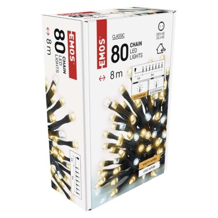Catena Luminosa 80 LED: 64 caldi fissi e 16 freddi lampeggianti, 8m, Timer, Esterno | Emos D4AN01
